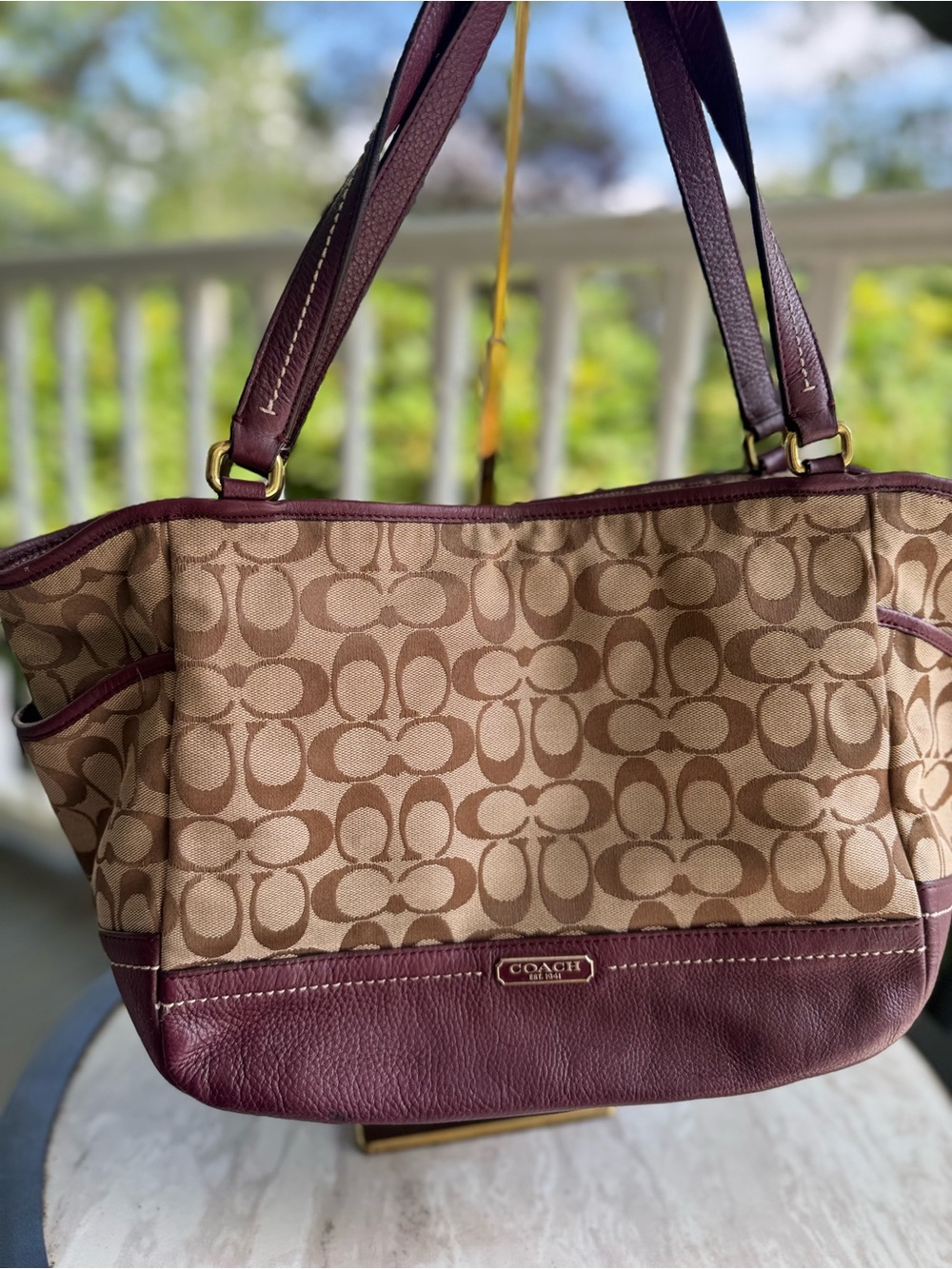 Coach Tan Signature Canvas Tote with Burgundy Leather Trim